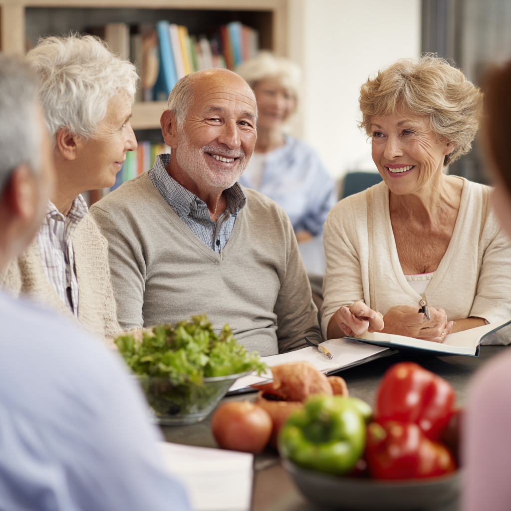Group of satisfied middle-aged and senior adults discussing their nutrition success stories