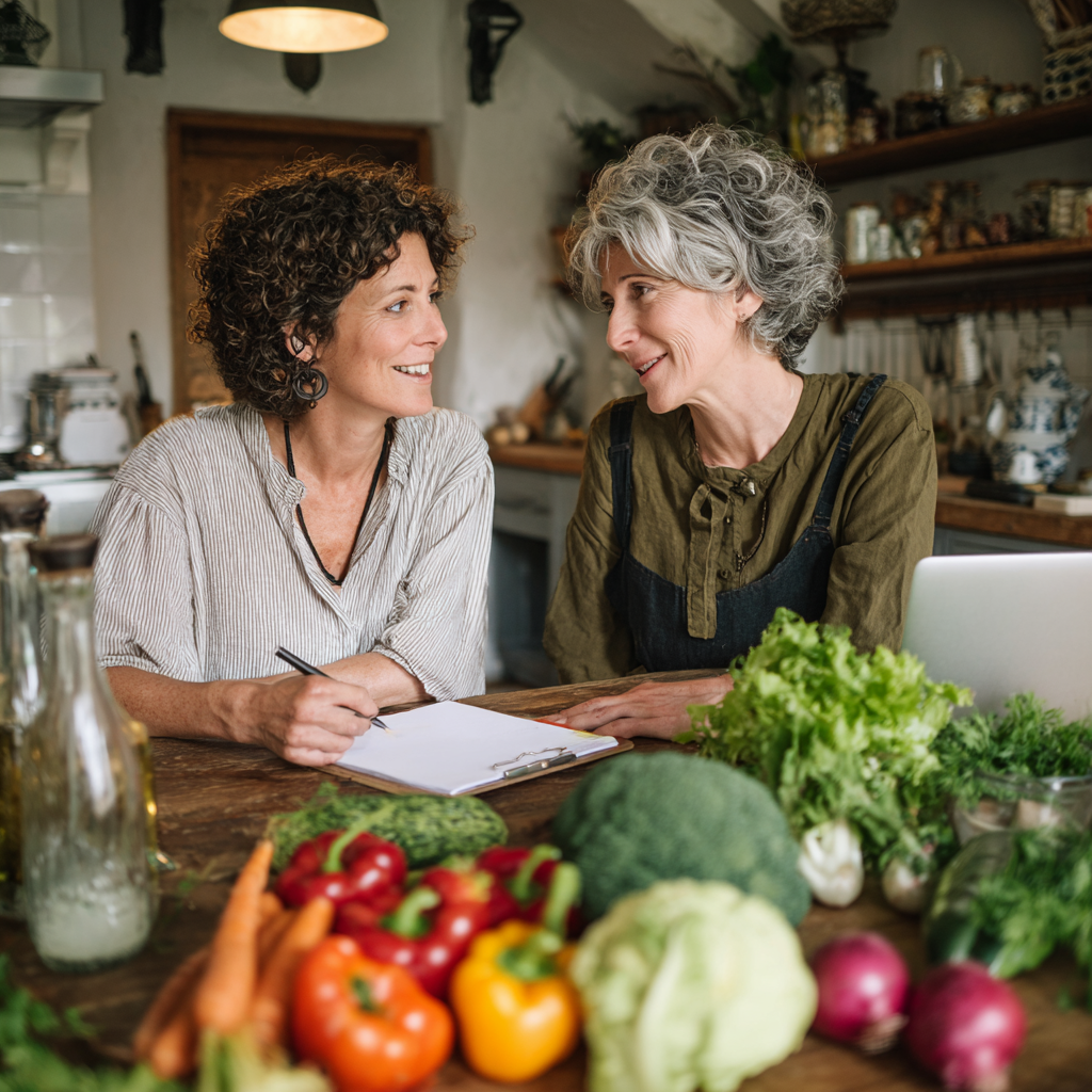 Middle-aged nutritionist consulting with mature adult client about personalized meal planning